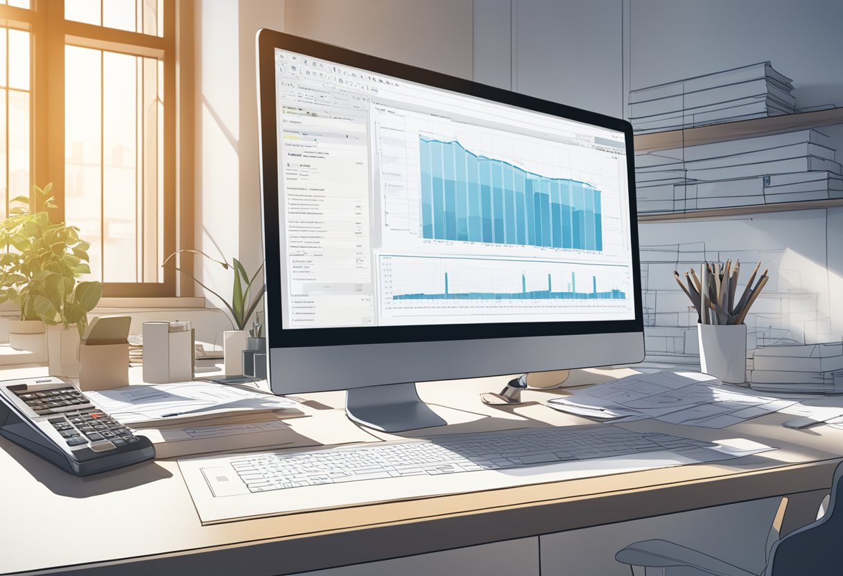A desk with a computer displaying "Conclusion: 7 best accounting software for architects in 2024." Architectural blueprints and a calculator are scattered on the desk