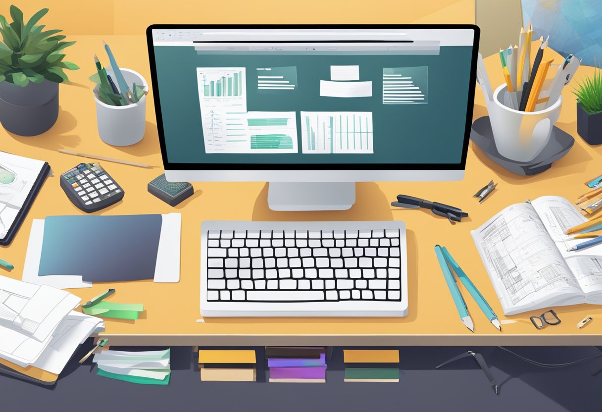 An architect's desk with a computer displaying "7 best accounting software for architects in 2024" and various architectural tools scattered around