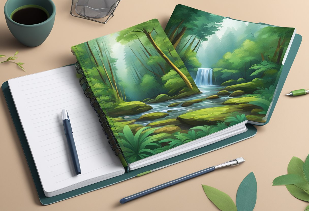 A lush forest with a clear stream, showcasing eco friendly notebooks with environmental impact and certification logos