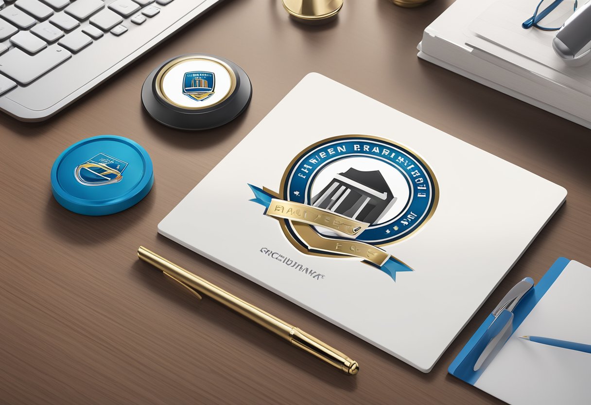 A corporate logo magnet on a sleek desk, surrounded by branded stationery and a polished trophy