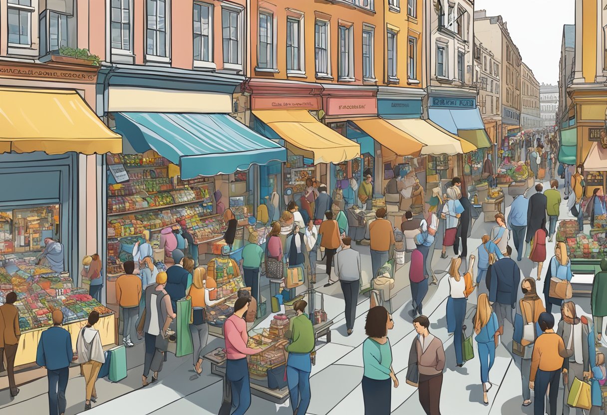 A table filled with various corporate gift items, surrounded by a bustling high street with shops and pedestrians