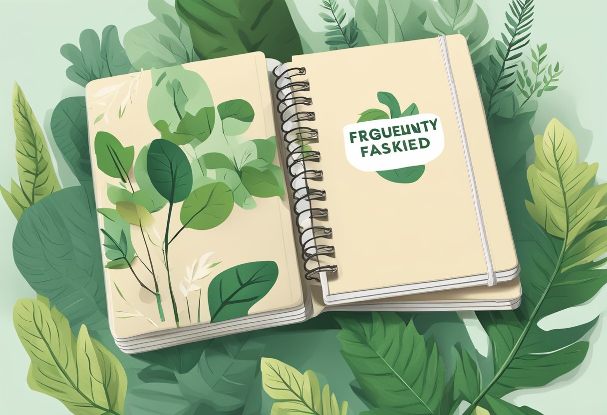 A stack of eco-friendly notebooks with "Frequently Asked Questions" written on the cover, surrounded by greenery and sustainable materials
