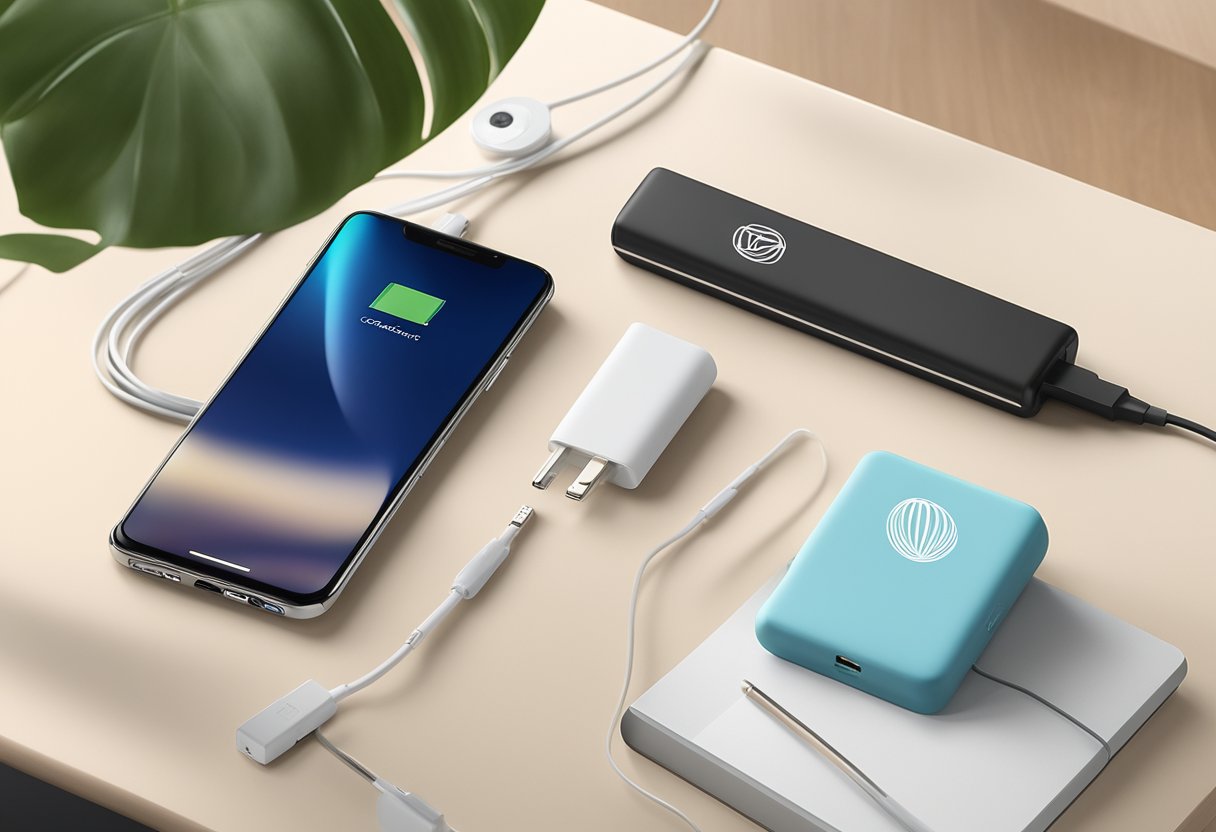 A sleek, modern portable charger sits on a desk surrounded by corporate gifts and office supplies. The charger is branded with a company logo, and the scene exudes professionalism and productivity