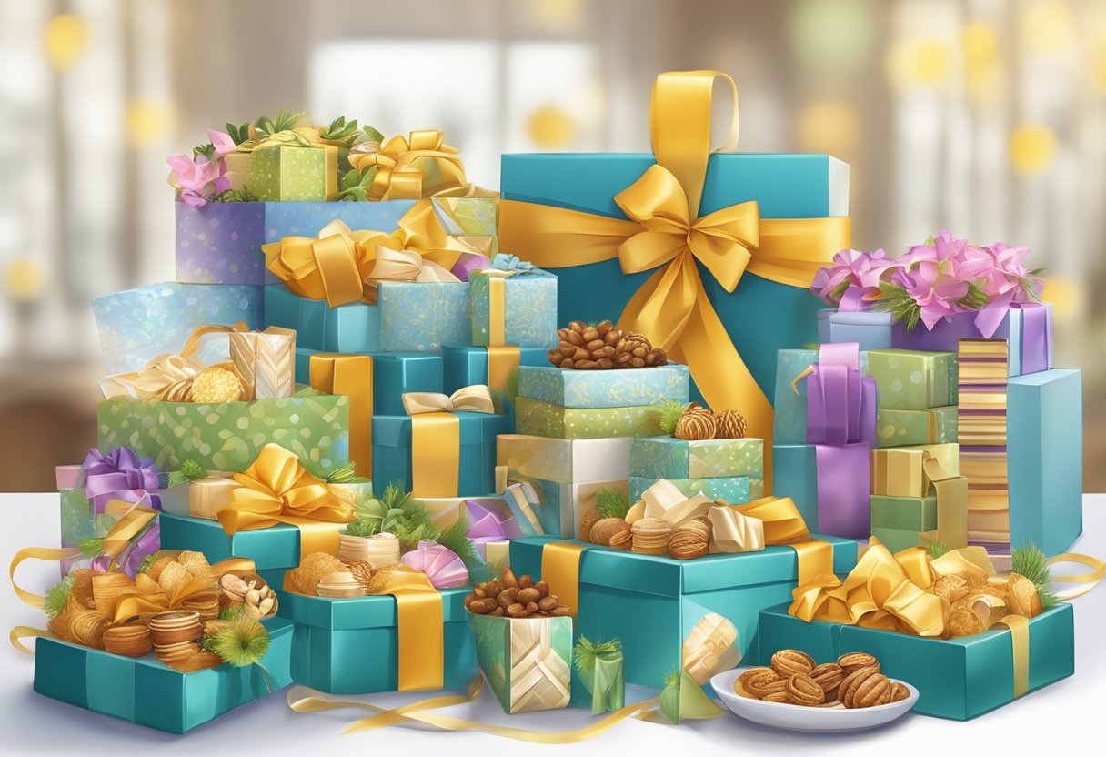 A table displays various gift baskets and corporate gifts. Ribbons and bows adorn the packages, creating an inviting and professional presentation
