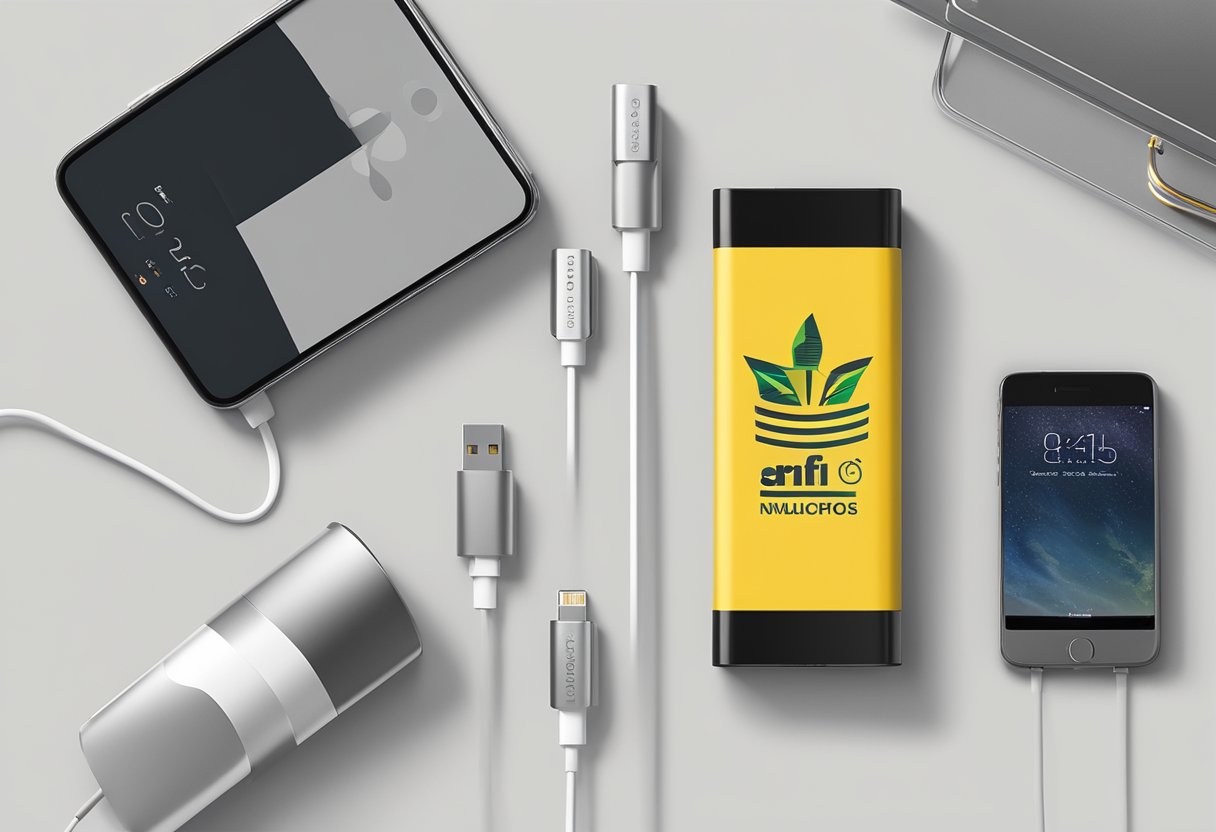 A corporate gift portable charger sits on a sleek desk, surrounded by modern office supplies and a branded company logo