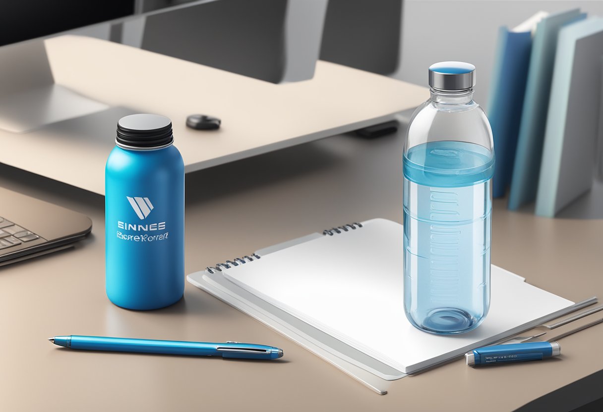 A branded water bottle sits on a sleek desk next to a stack of business cards and a notepad with a pen