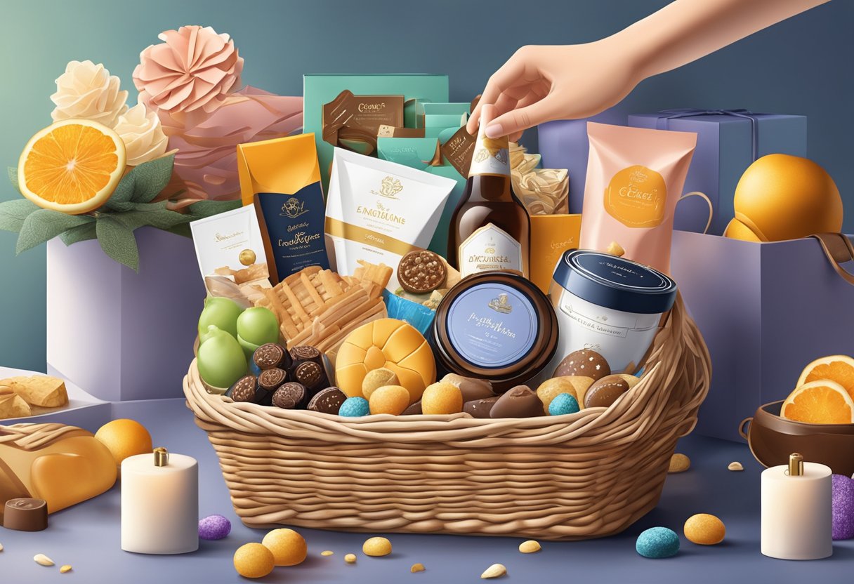 A hand reaches for a beautifully arranged gift basket filled with gourmet treats and luxury items, set against a backdrop of elegant corporate branding