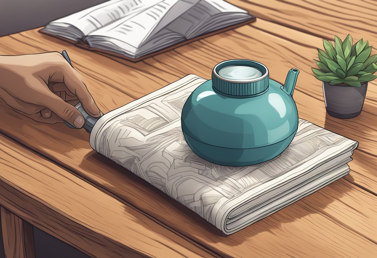 A hand reaches for a personalised vacuum flask on a wooden table, surrounded by a cozy blanket and a book