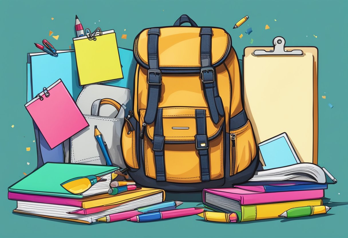 A backpack with a customized name tag hangs from a sturdy hook, surrounded by scattered school supplies and a vibrant background