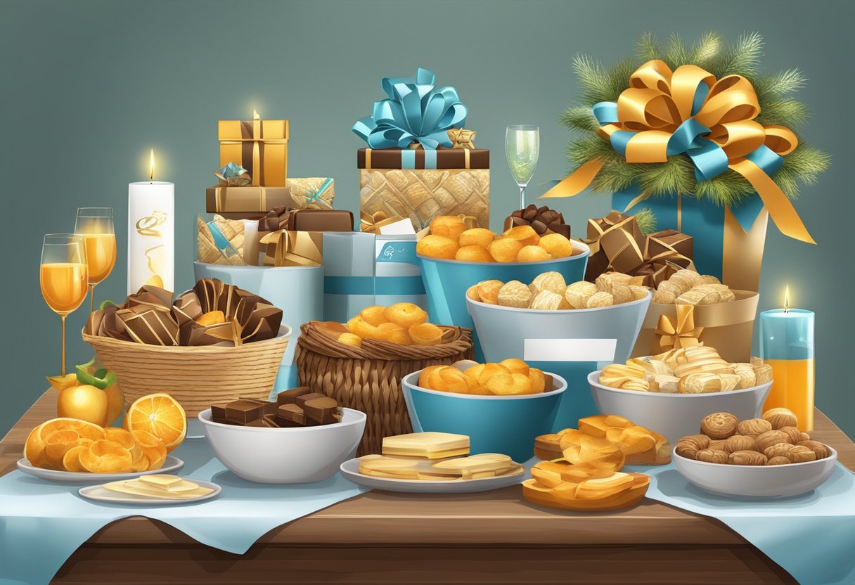 A table adorned with carefully arranged gift baskets and corporate gifts, ready for distribution