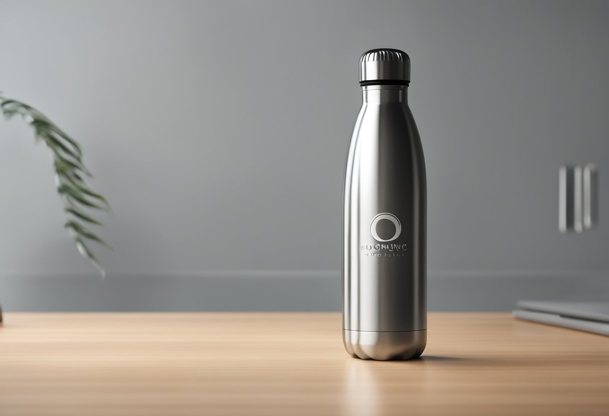A sleek, stainless steel water bottle with the company logo etched on the front, sitting on a clean, modern desk