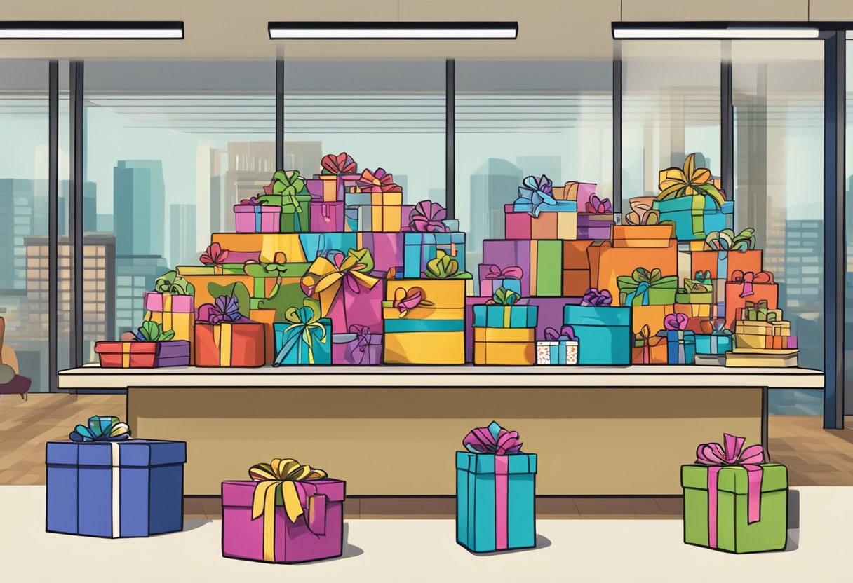 A table filled with colorful gift baskets and corporate gifts, with a sign reading "Frequently Asked Questions" in a busy office setting