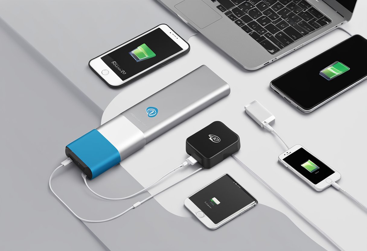 A sleek portable charger sits on a clean, modern desk next to a laptop and smartphone. The charger is branded with a company logo and is surrounded by other corporate gifts
