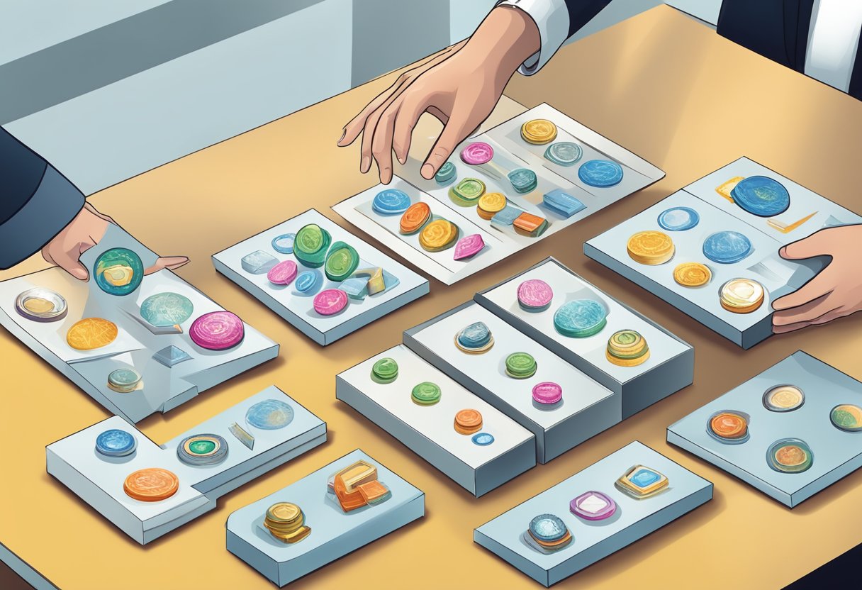 A hand reaches out to select a sleek corporate gift magnet from a display, with various options neatly arranged on a table