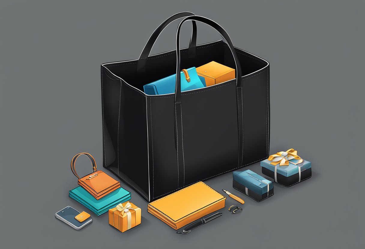 A sleek black tote bag with a corporate logo prominently displayed, filled with various high-quality gifts and products
