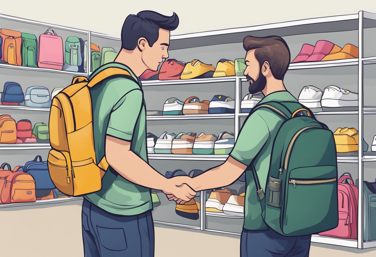 A customer is buying a custom backpack with their name on it from a seller