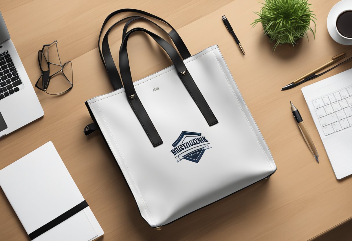 A sleek, branded tote bag sits on a polished desk, filled with high-quality corporate gifts. The logo is prominently displayed, and the bag exudes professionalism and sophistication
