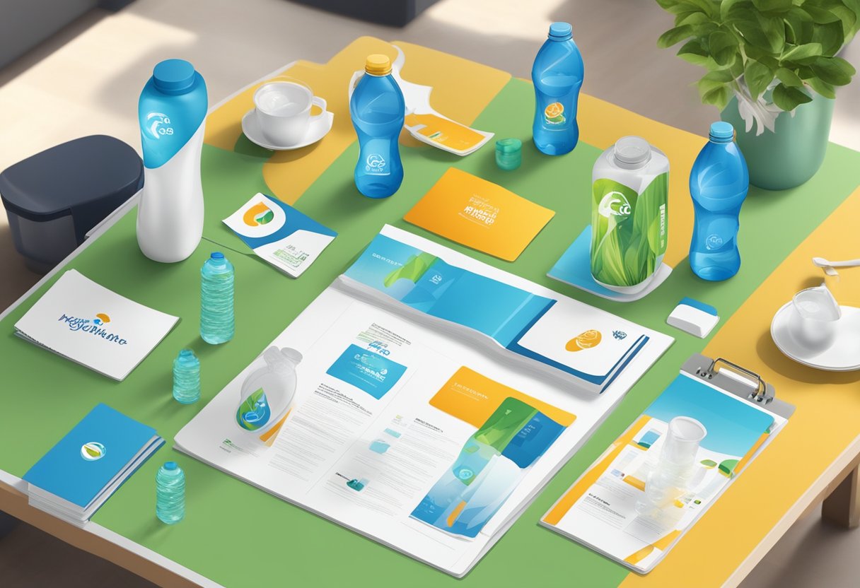 A table with branded water bottles, surrounded by eco-friendly promotional materials