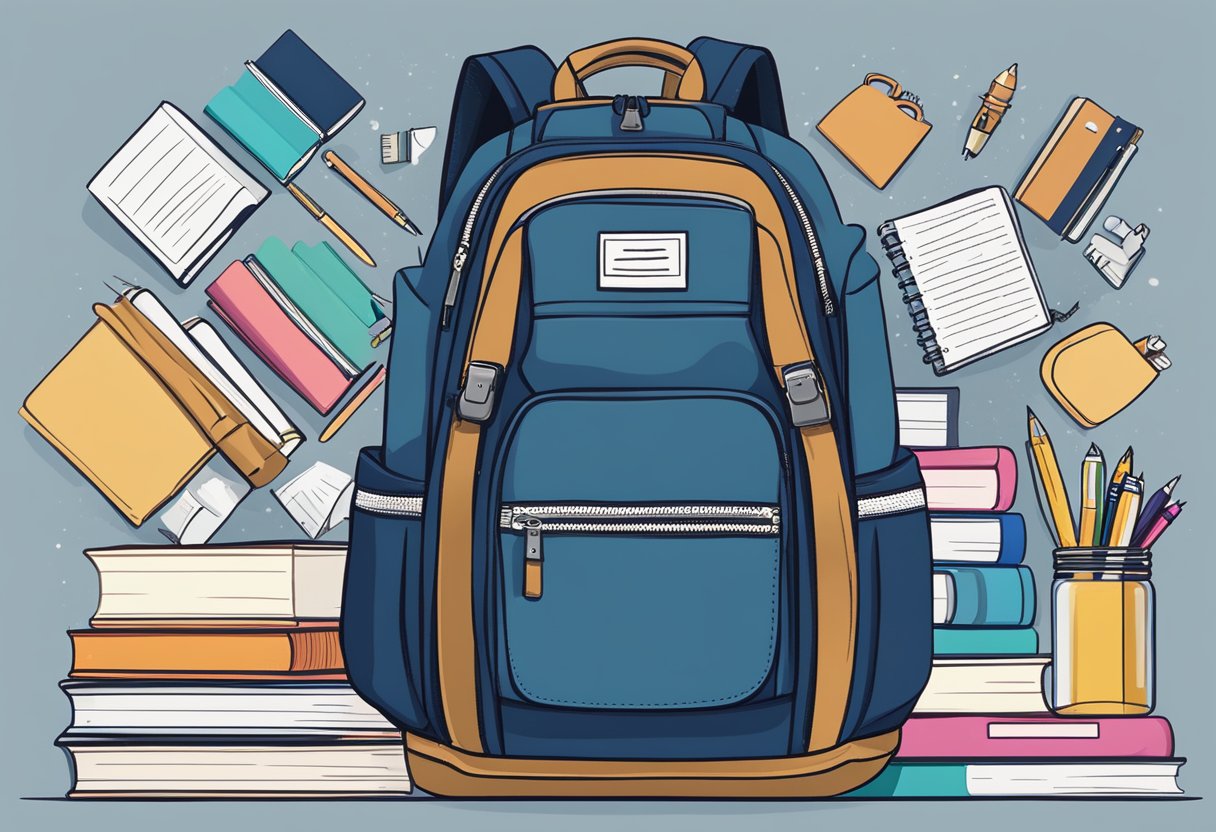 A customized backpack with the name "Frequently Asked Questions" prominently displayed on the front, surrounded by various items like books, pens, and a laptop