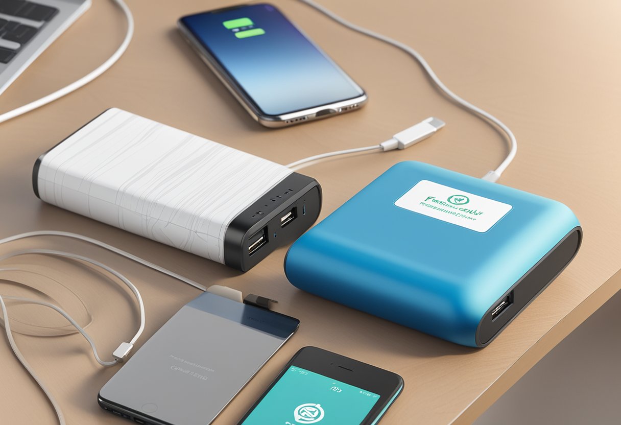 A sleek portable charger sits on a desk with a company logo on the front, surrounded by a stack of neatly printed "Frequently Asked Questions" documents