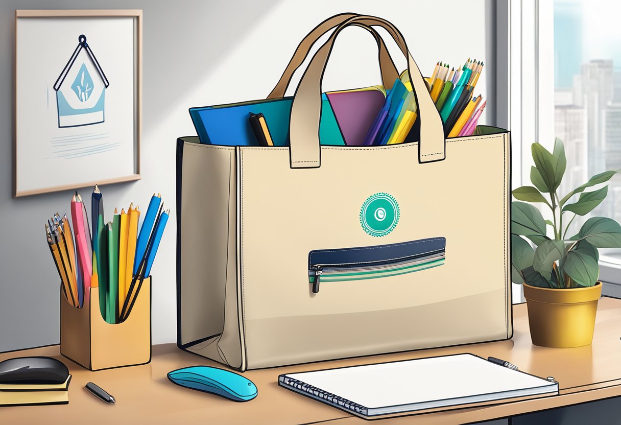 A tote bag with customizable branding options displayed on a clean, modern desk with office supplies and a laptop in the background