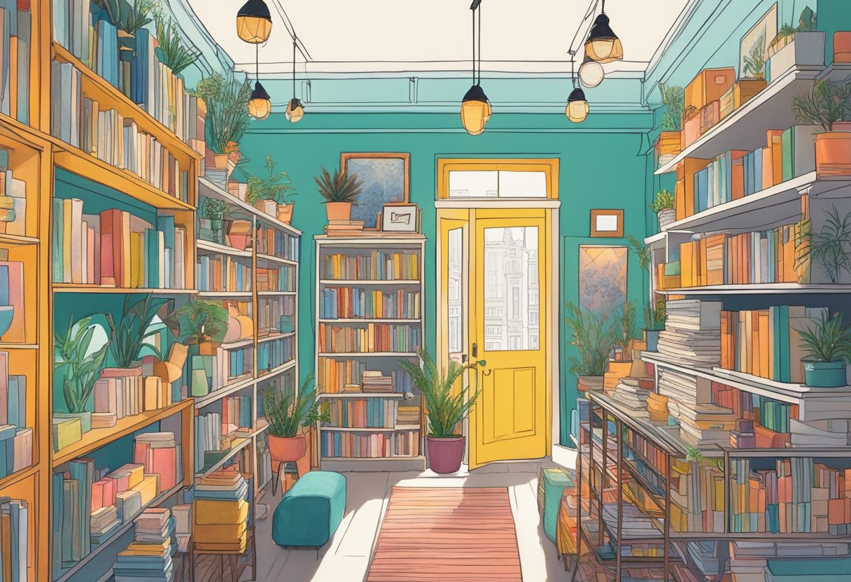 Colorful display of unique art prints, handmade jewelry, and quirky home decor. Visitors browsing through shelves of books and stylish stationery. Bright lights and festive atmosphere