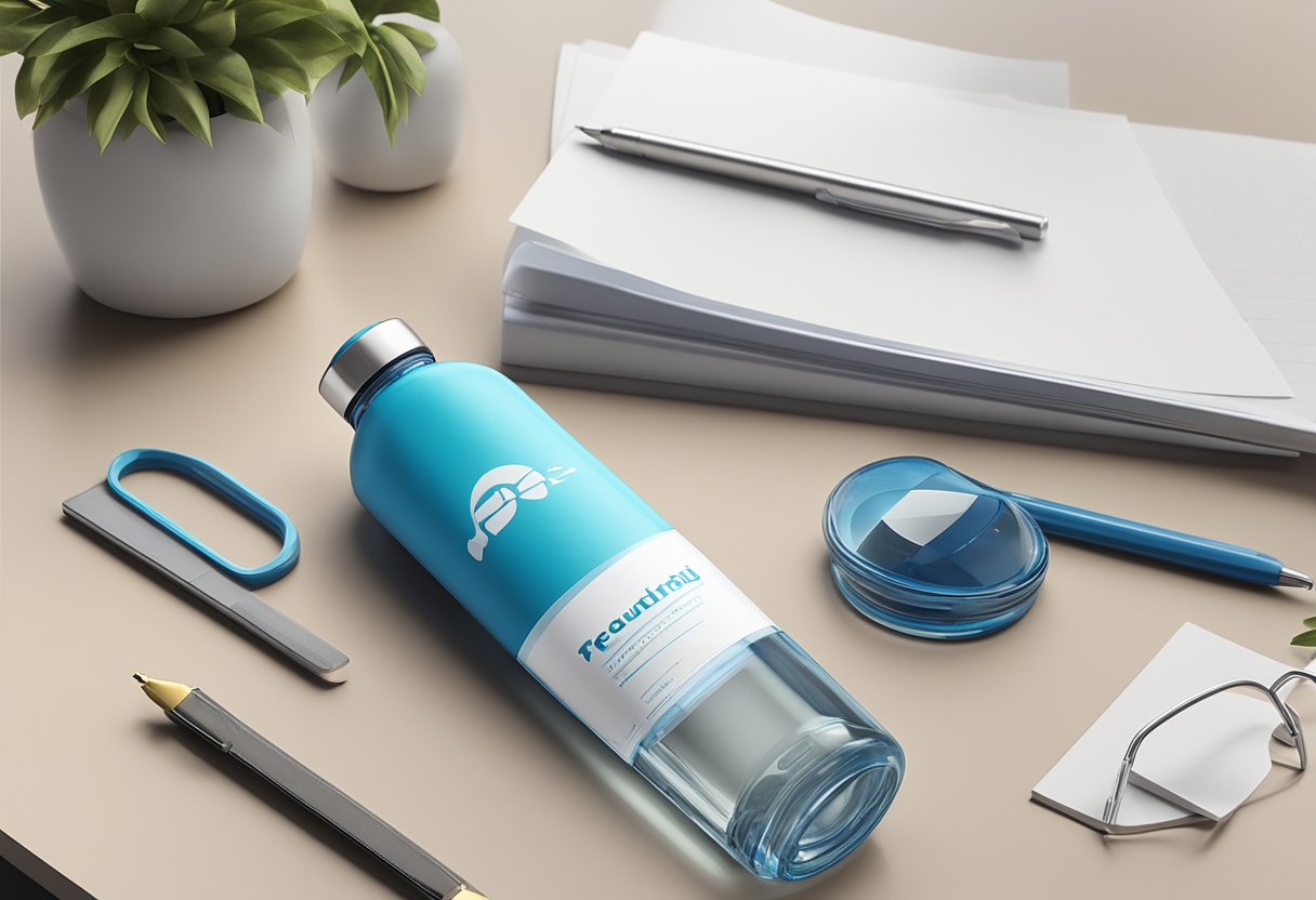 A branded water bottle sits on a sleek desk, surrounded by various office supplies and a stack of papers. The bottle features the company's logo and the words "Frequently Asked Questions corporate gift."