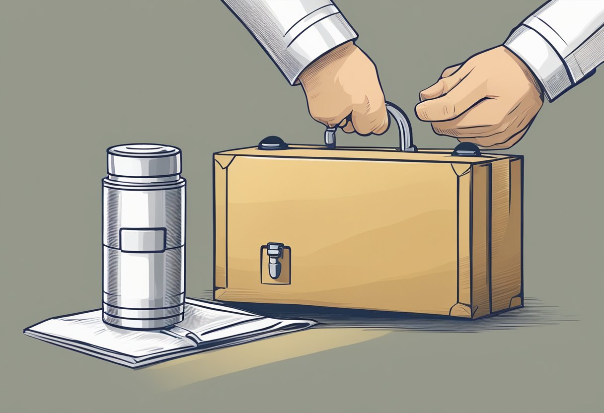 A hand places an order online for a custom vacuum flask. Another hand delivers the flask to a doorstep
