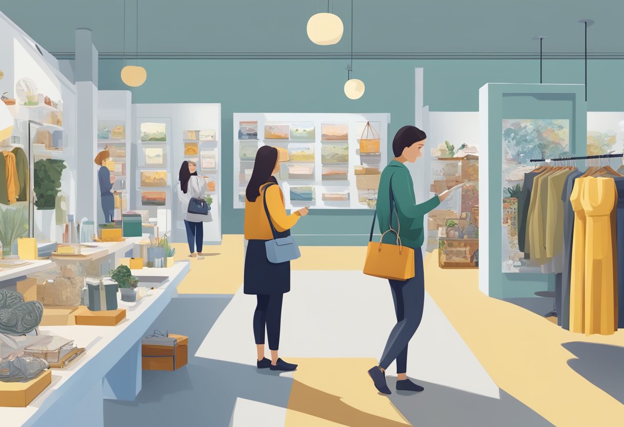 A person browsing through various exhibition gift ideas, examining different items and considering their options