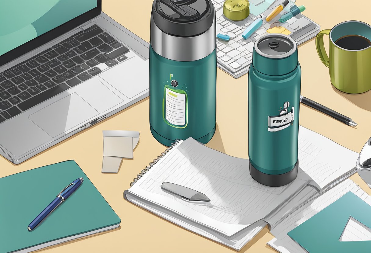A customised vacuum flask with "Frequently Asked Questions" printed on it, surrounded by various objects like a laptop, pen, and notepad