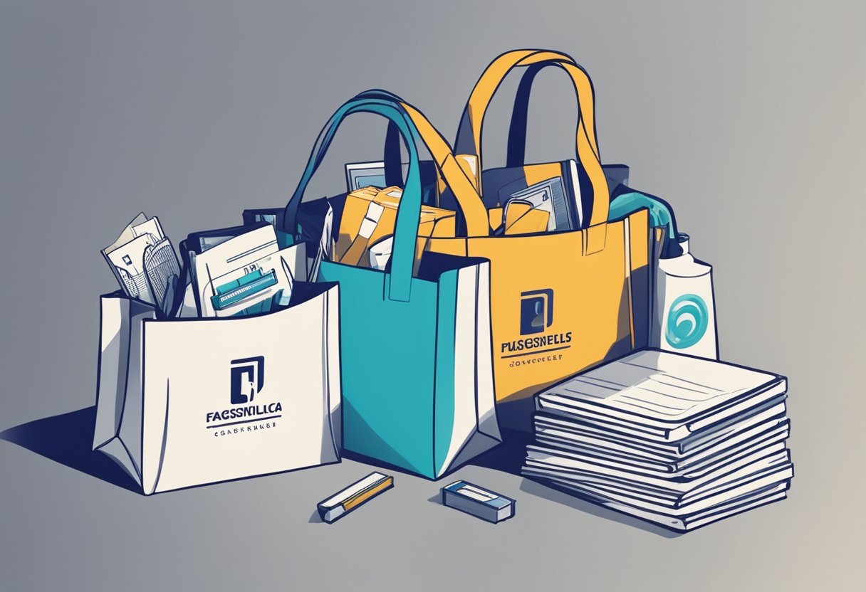 A tote bag filled with corporate gifts sits on a table, surrounded by a stack of FAQ pamphlets. The bag is branded with the company's logo and is neatly arranged for presentation