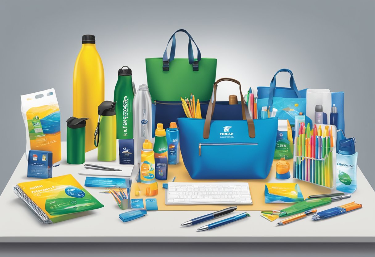 A table displaying various promotional products such as branded pens, tote bags, and water bottles. Bright and eye-catching displays draw in attendees