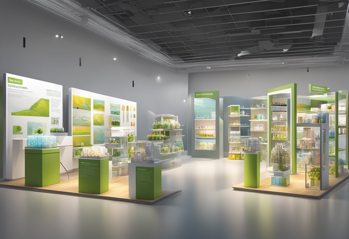 The exhibition features a variety of gift ideas. A display of products with accompanying information panels. Bright lighting highlights the items