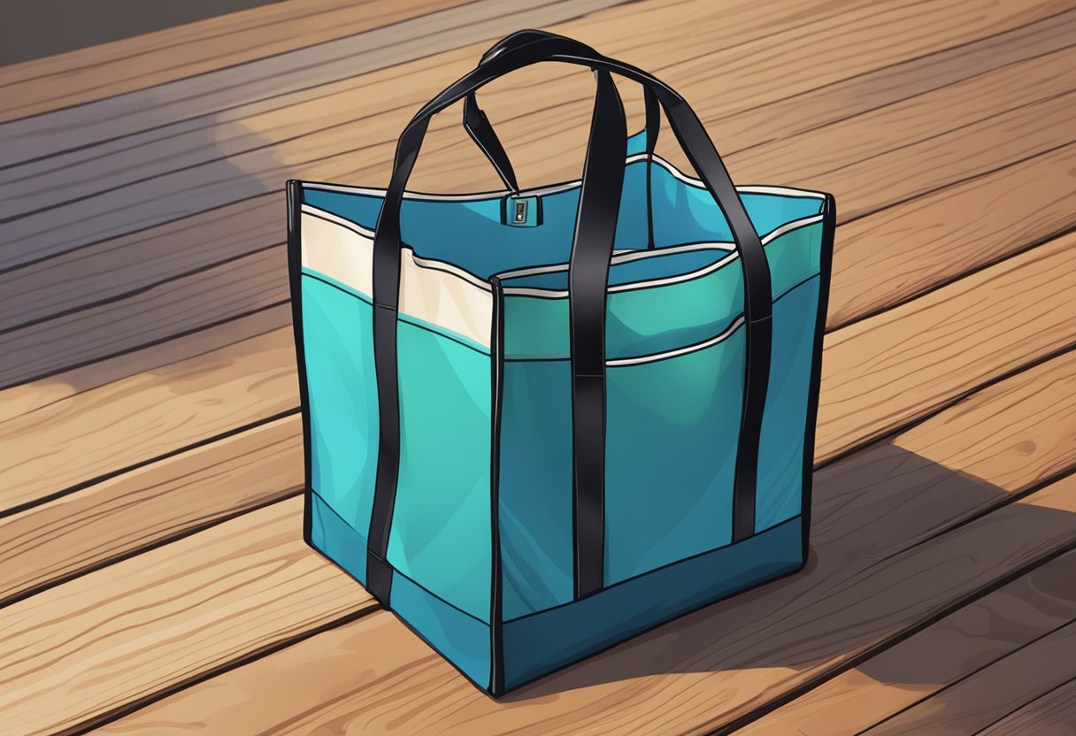 A stack of foldable nylon tote bags rests on a wooden table, with vibrant colors and a simple, sleek design