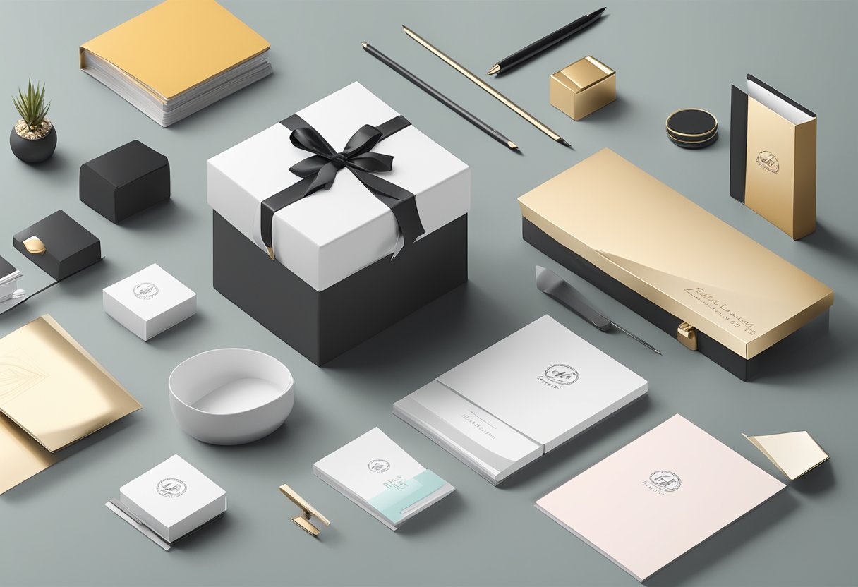 A sleek gift box with company logo sits on a polished desk, surrounded by elegant stationery and a personalized note