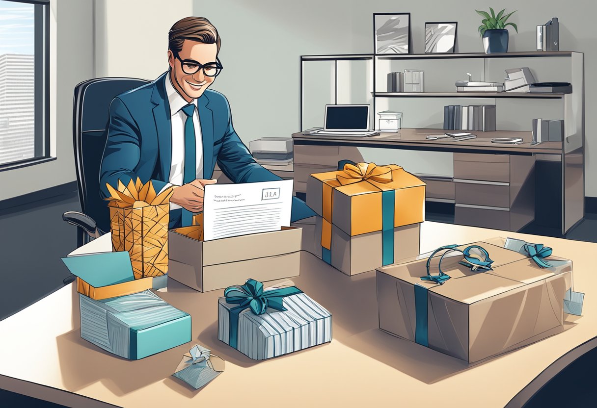 A CEO receiving a gift basket with luxury items and a personalized note from a company, sitting on a polished desk in a modern office setting