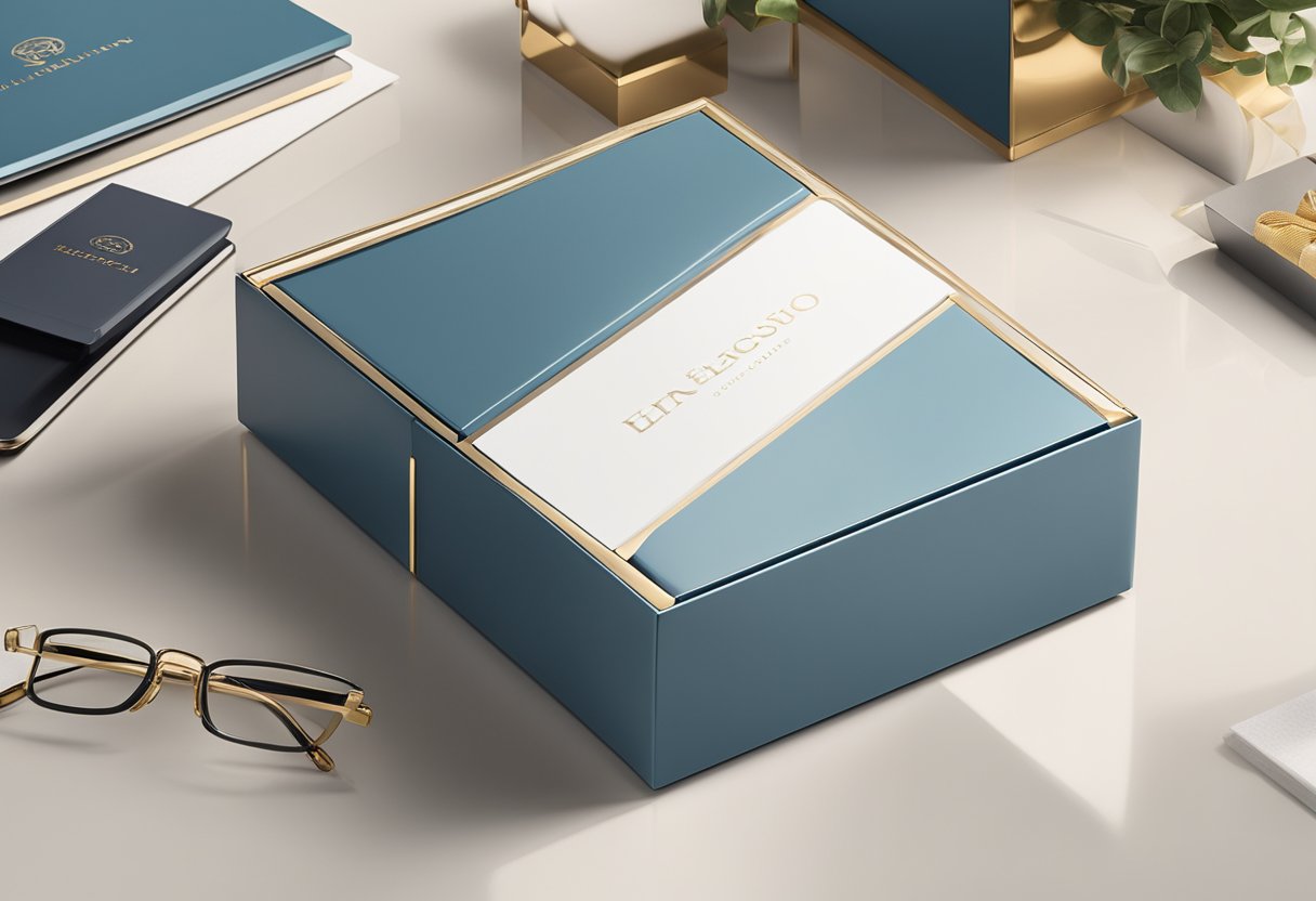 A sleek, modern gift box sits on a polished desk, surrounded by luxurious office decor. The CEO's name is elegantly embossed on the box, hinting at the personalized touch of the gift