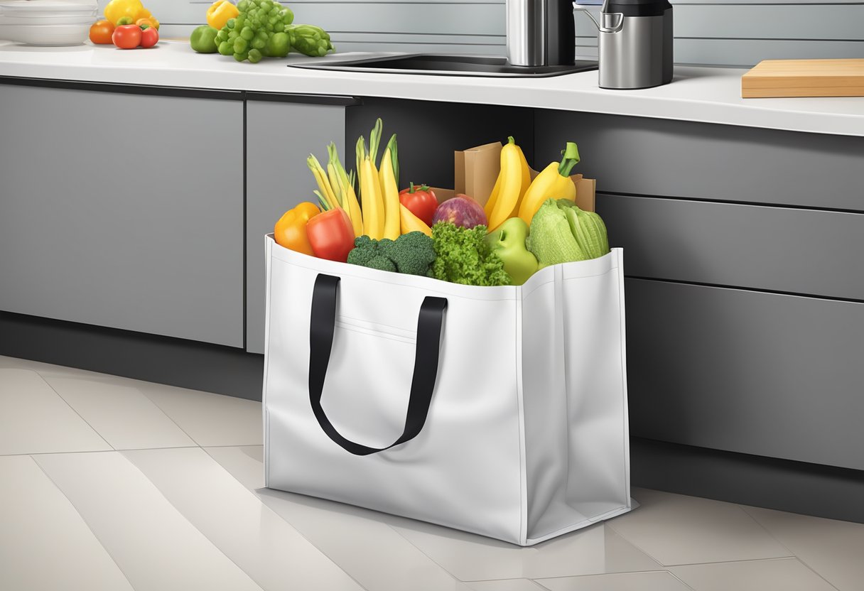 A foldable shopping bag lays open on a kitchen counter, ready to be filled with groceries