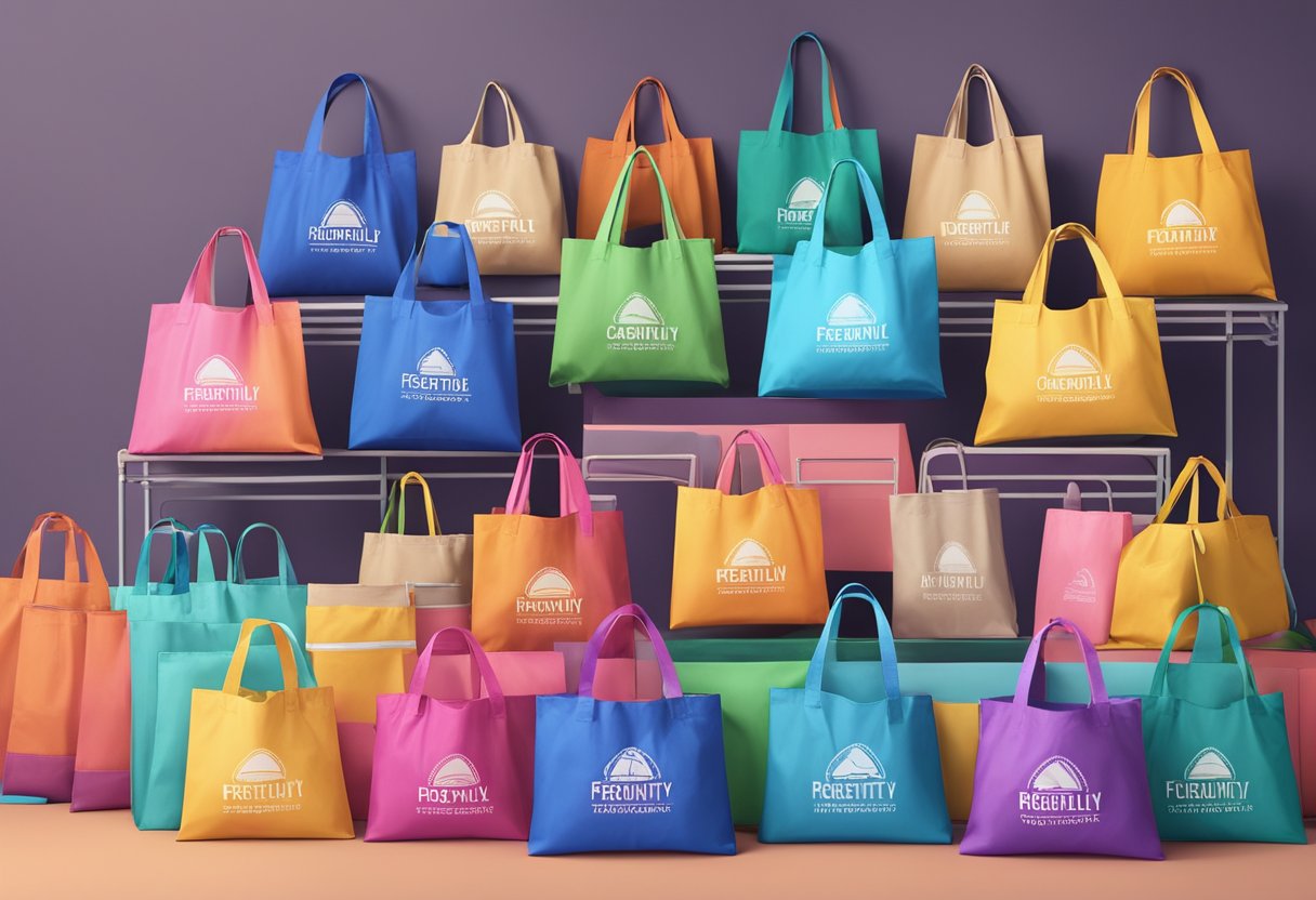 A stack of colorful foldable nylon tote bags arranged neatly on a display table, with a sign reading "Frequently Asked Questions" above them