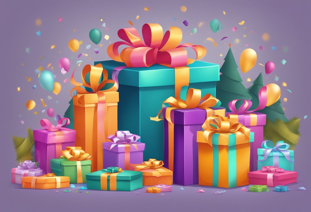 A colorful gift bag sits on a table, filled with tissue paper and tied with a bright ribbon. It is surrounded by festive decorations and presents