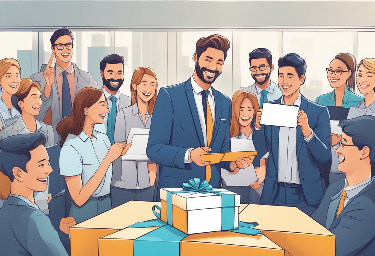 A CEO receiving a gift box with a ribbon and a personalized note, surrounded by a group of employees with smiles and excitement
