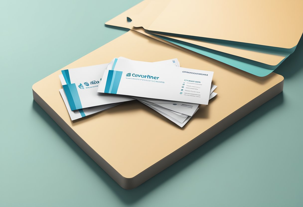 A stack of gift vouchers with corporate branding on a sleek desk