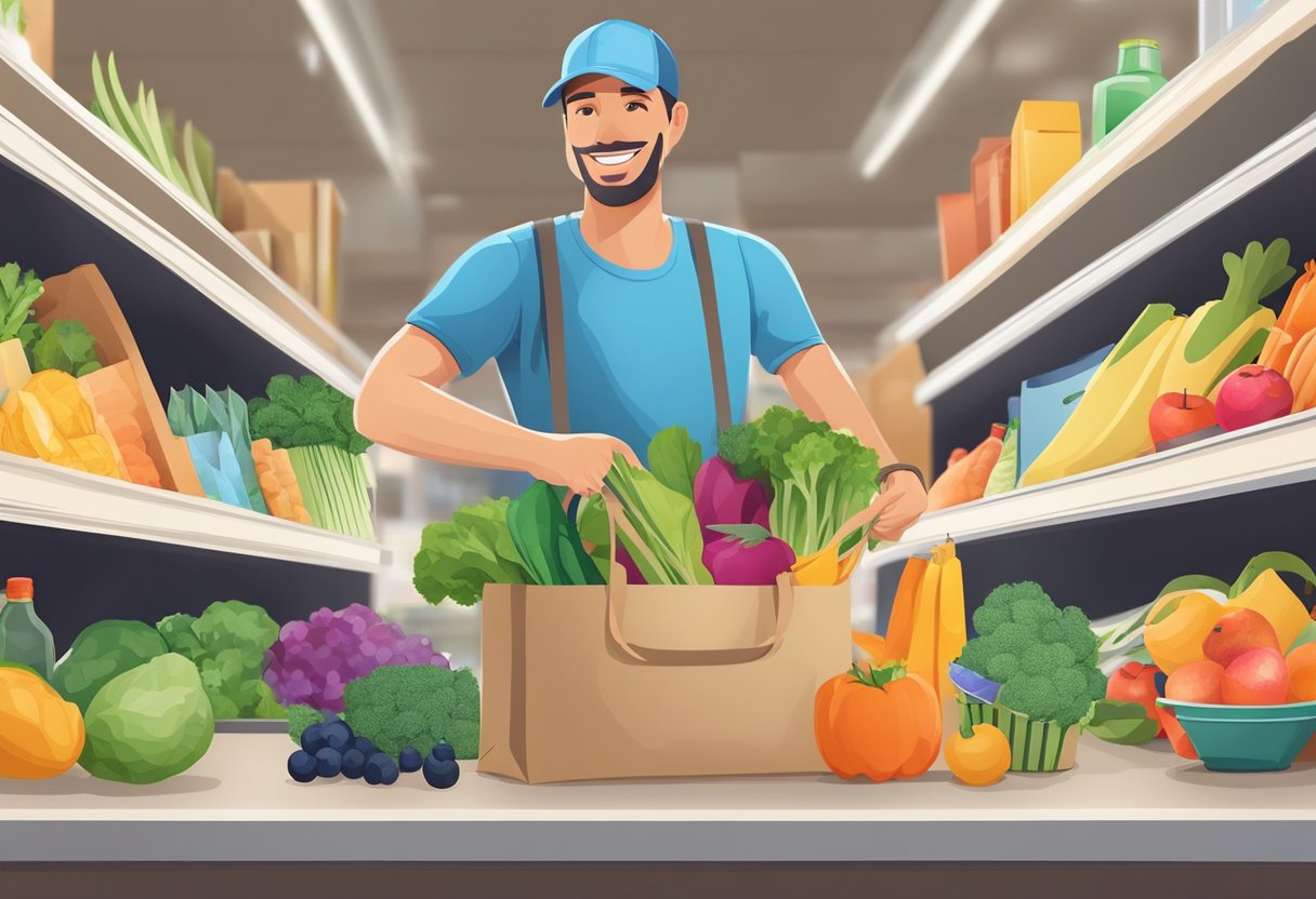 A person unfolds a colorful, reusable shopping bag and fills it with groceries, showcasing its convenience and eco-friendly benefits