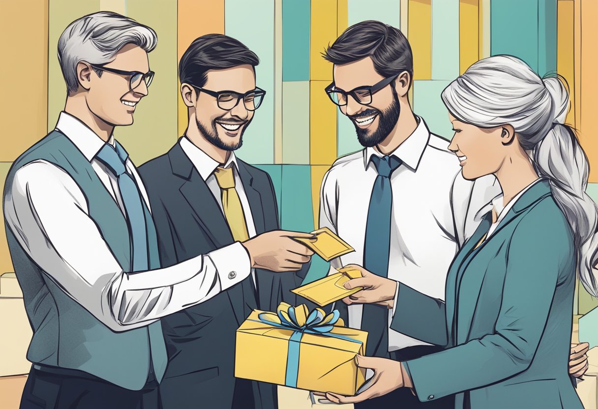 A group of professionals exchanging gift vouchers in a corporate setting