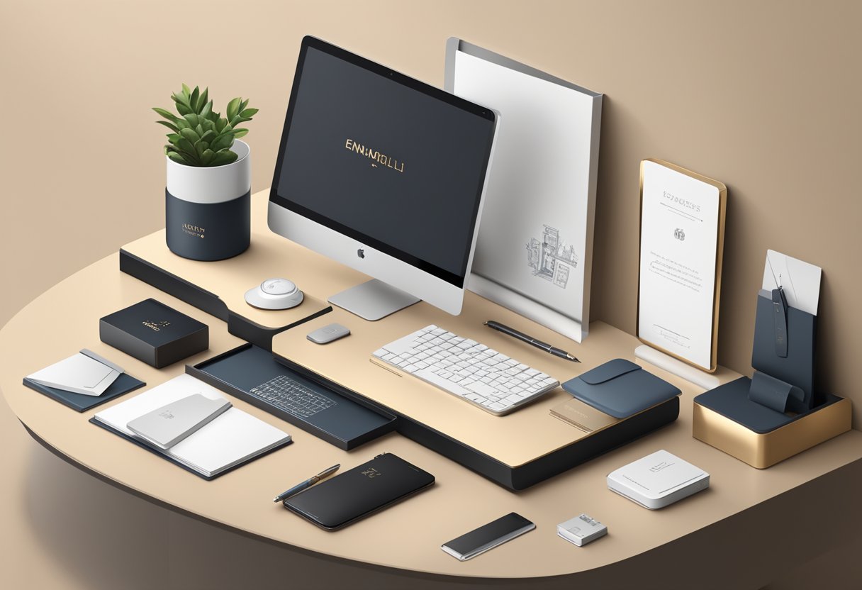 A desk with branded stationery, a luxury pen, and a sleek tech gadget. A shelf displays elegant gift boxes and a personalized plaque