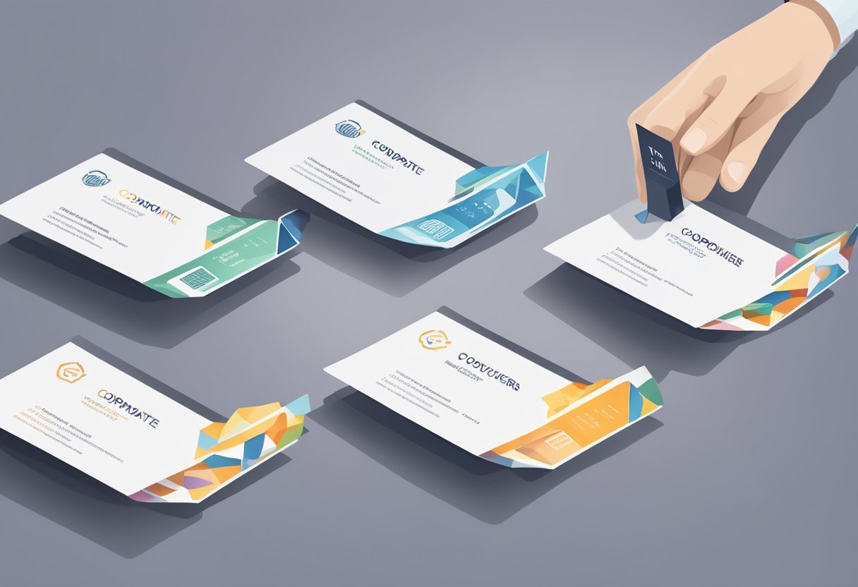 A hand reaches for a stack of corporate gift vouchers on a sleek, modern desk. The vouchers feature elegant branding and are neatly arranged in a row
