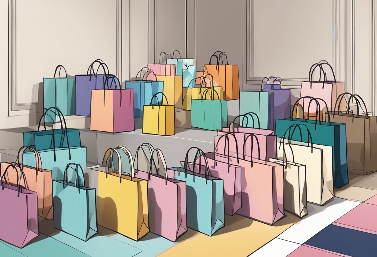Various gift bags in different sizes, colors, and styles arranged on a display table. Some are glossy, others matte; some have handles, others are drawstring