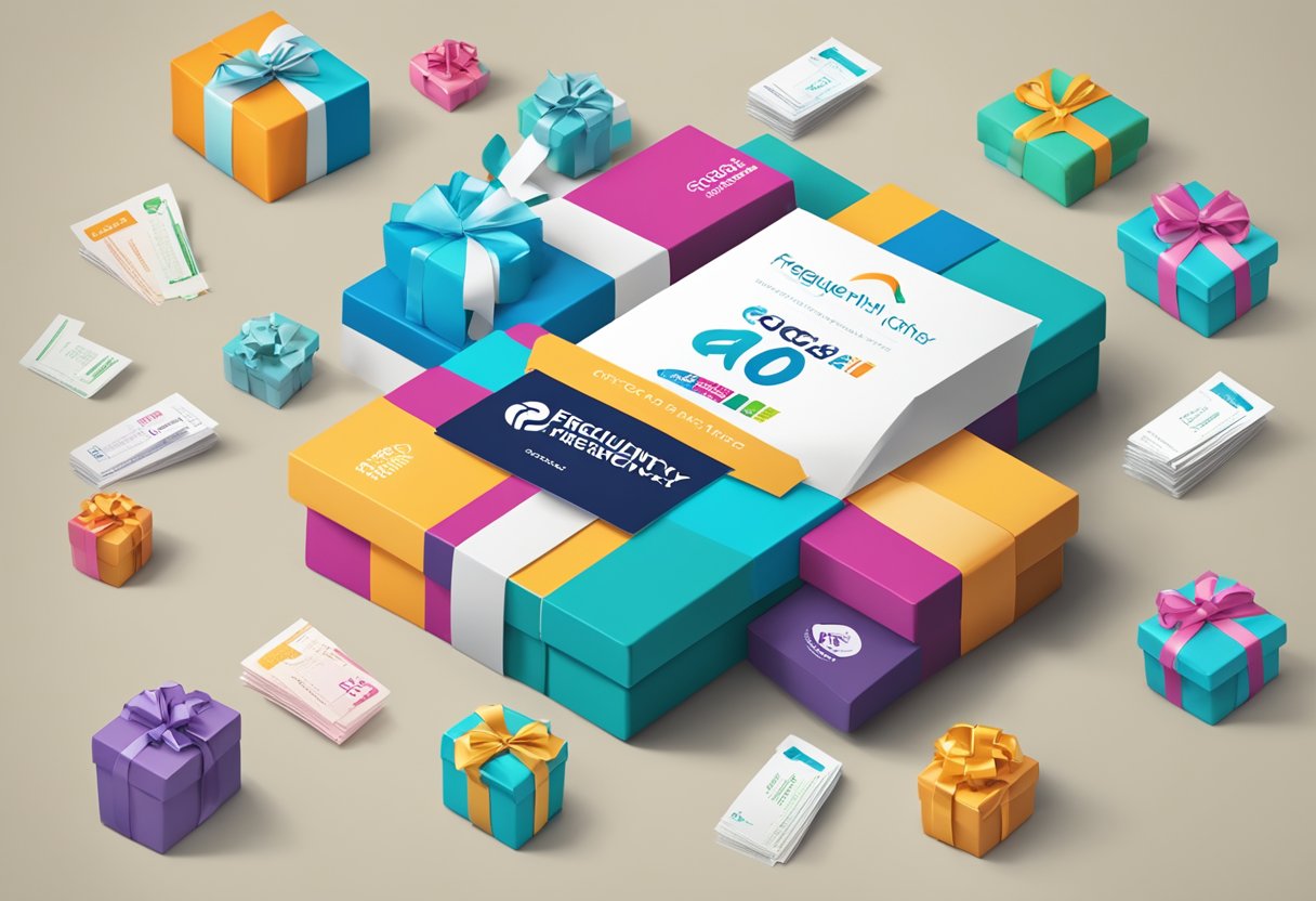 A stack of gift vouchers with "Frequently Asked Questions" branding, surrounded by corporate logos and a ribbon