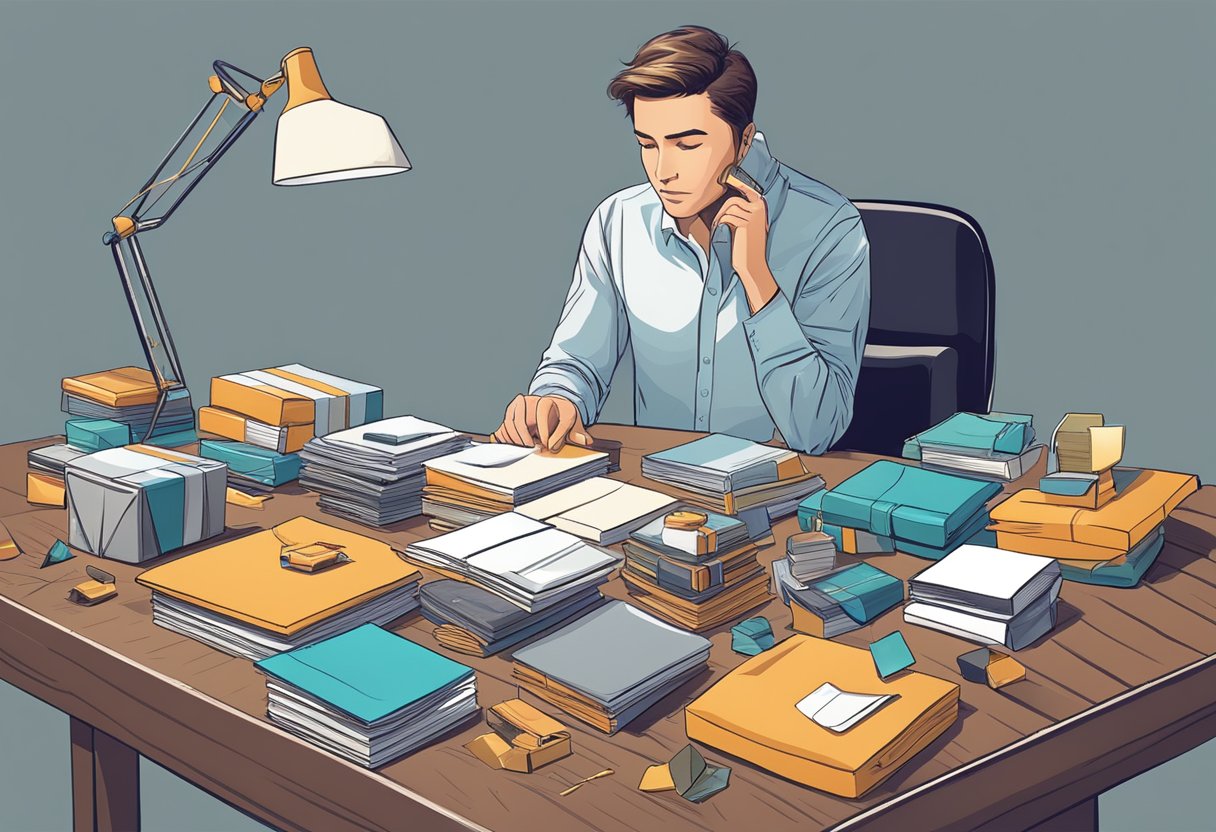 A person is carefully choosing from a variety of corporate gifts displayed on a table, with a thoughtful expression on their face