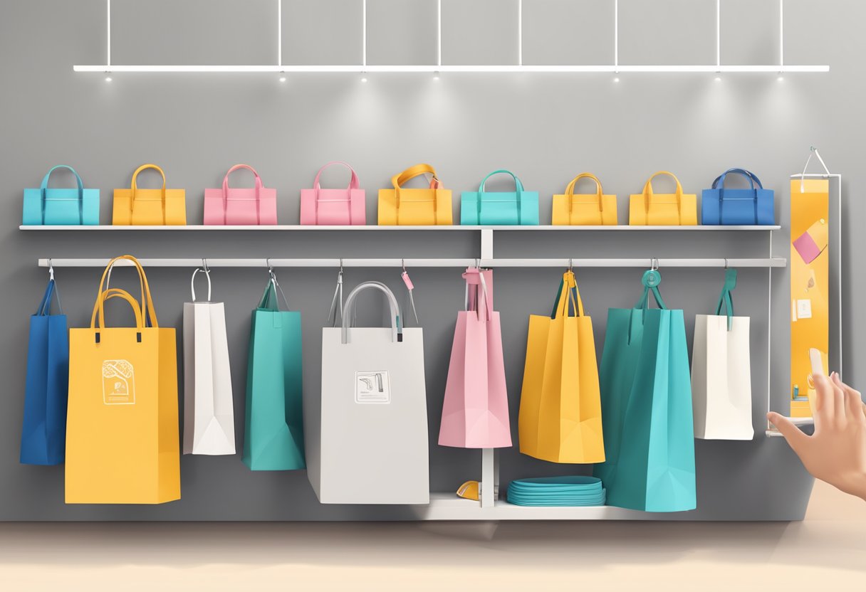 A hand reaches for a foldable shopping bag on a display shelf with various customization options